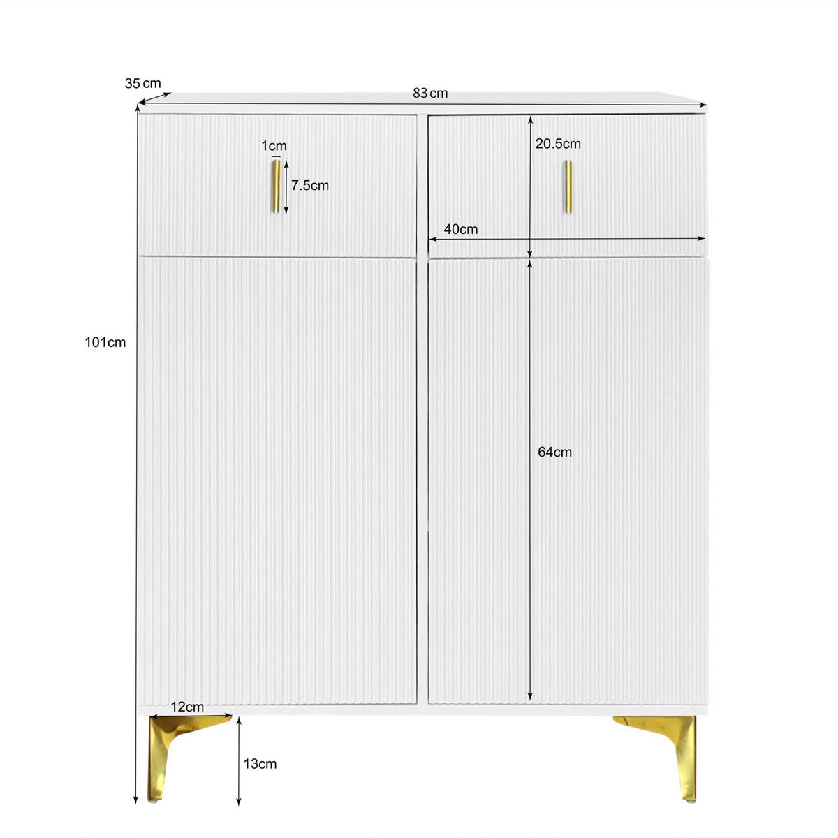 SCHUHSCHRANK Sideboard Weiß mit Schubladen, Push-to-Open und goldenen Akzenten - Weiß, Holz (83/101/35cm) - PARAFTA HOME