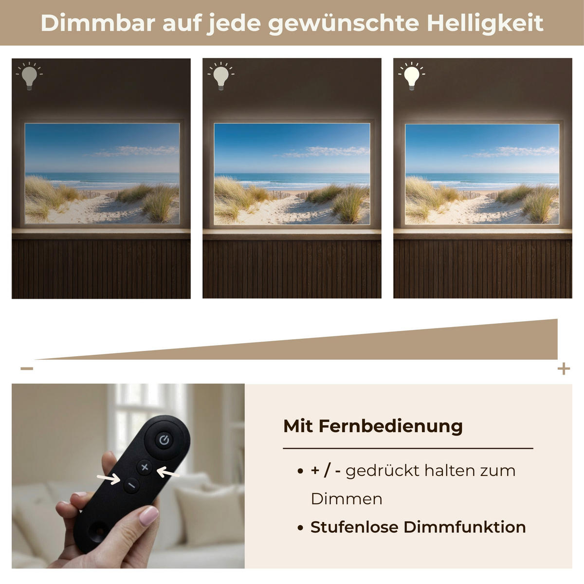 NÁSTĚNNÁ LAMPA S AKUMULÁTOREM Pláž - moře - duny - písek - léto 60x40 cm - písková barva, kompozitní dřevo (60/40/8cm) - OnlyWow