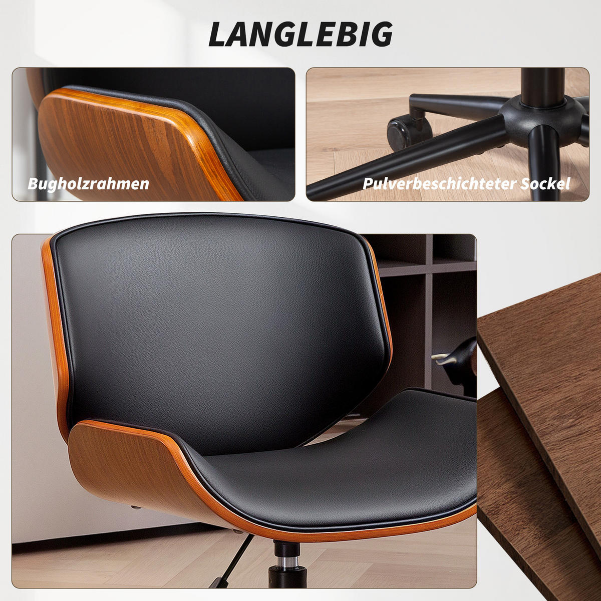 HOMEOFFICE Stuhl aus Kunstleder höhenverstellbar Drehstuhl bis 135 kg belastbar 52 x 54 x 74-84 cm Schwarz+Walnussbraun - Schwarz, Leder (52/84/54cm)