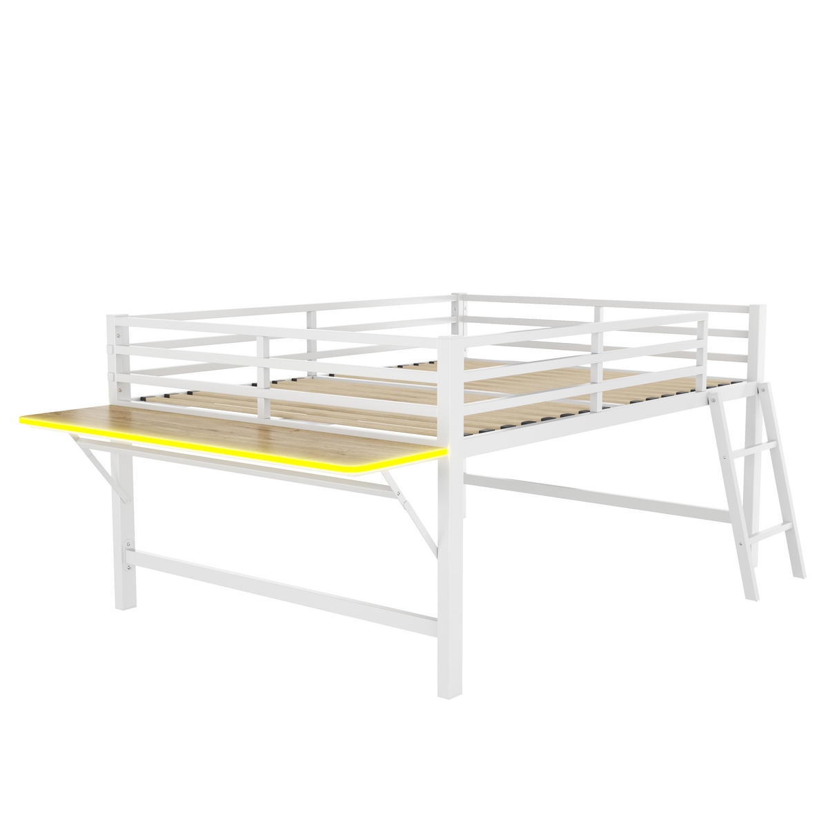 HOCHBETT 140/200 cm Metallbett mit Schreibtisch und LED-Beleuchtung weiß - Weiß, Metall (140/200cm) - OKWISH