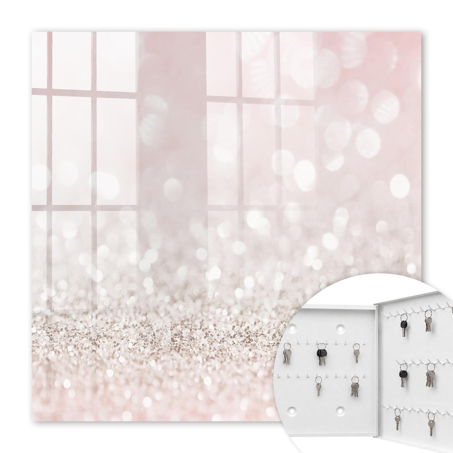 SCHLÜSSELBOX Weiß 30x30 cm – Türöffnung nach rechts - Romantisches Bokeh-Glänzen - Pink, Metall (30/30/5cm) - TULUP