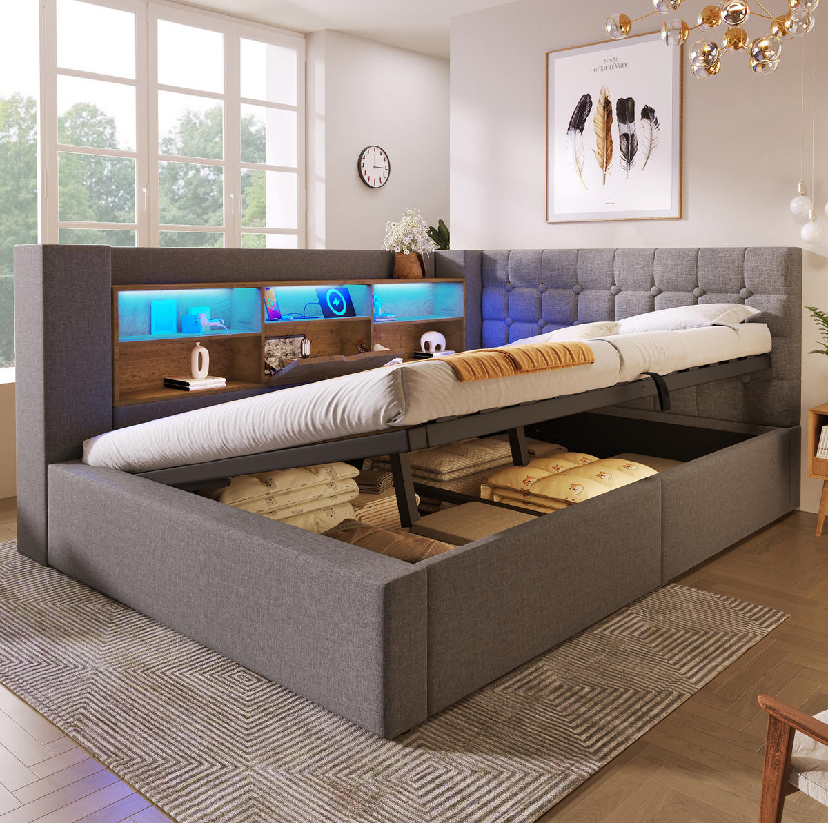POLSTERBETT 140/200 cm Grau aus Leinen mit LED und Stauraum - Grau, Textil (140/200cm) - OKMYHOME