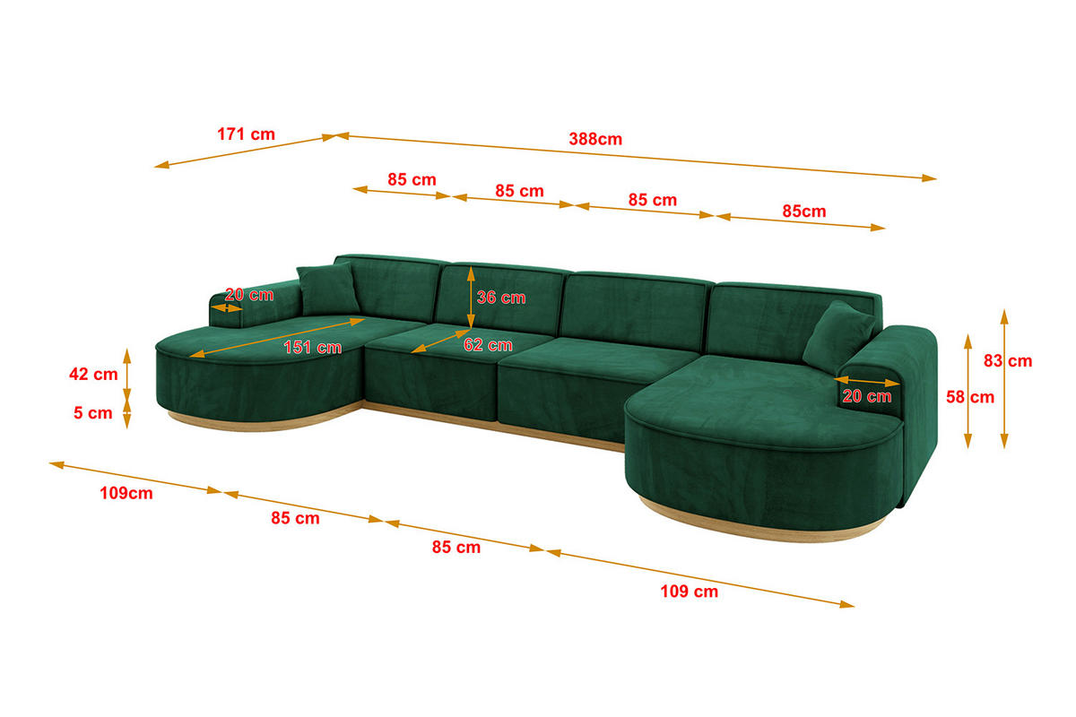 WOHNLANDSCHAFT MARI-U2-v2 - 388x171x83 cm Grün Velours - Grün, Holzwerkstoff/Textil (388/83/171cm) - ALTDECOR