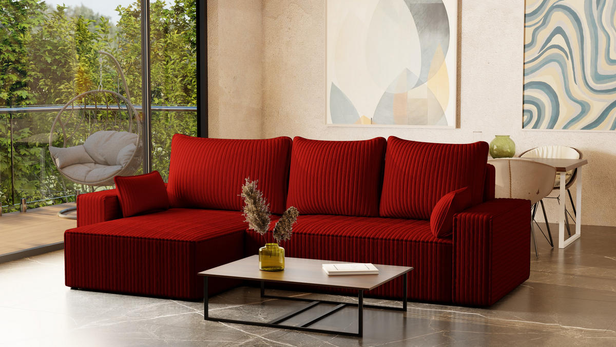 ECKSOFA Tobi mit Bettkasten und Schlaffunktion, L-Form/XL-Form, Cordstoff, Universal - Rot, Holzwerkstoff (276/145cm) - 4ALL HOME