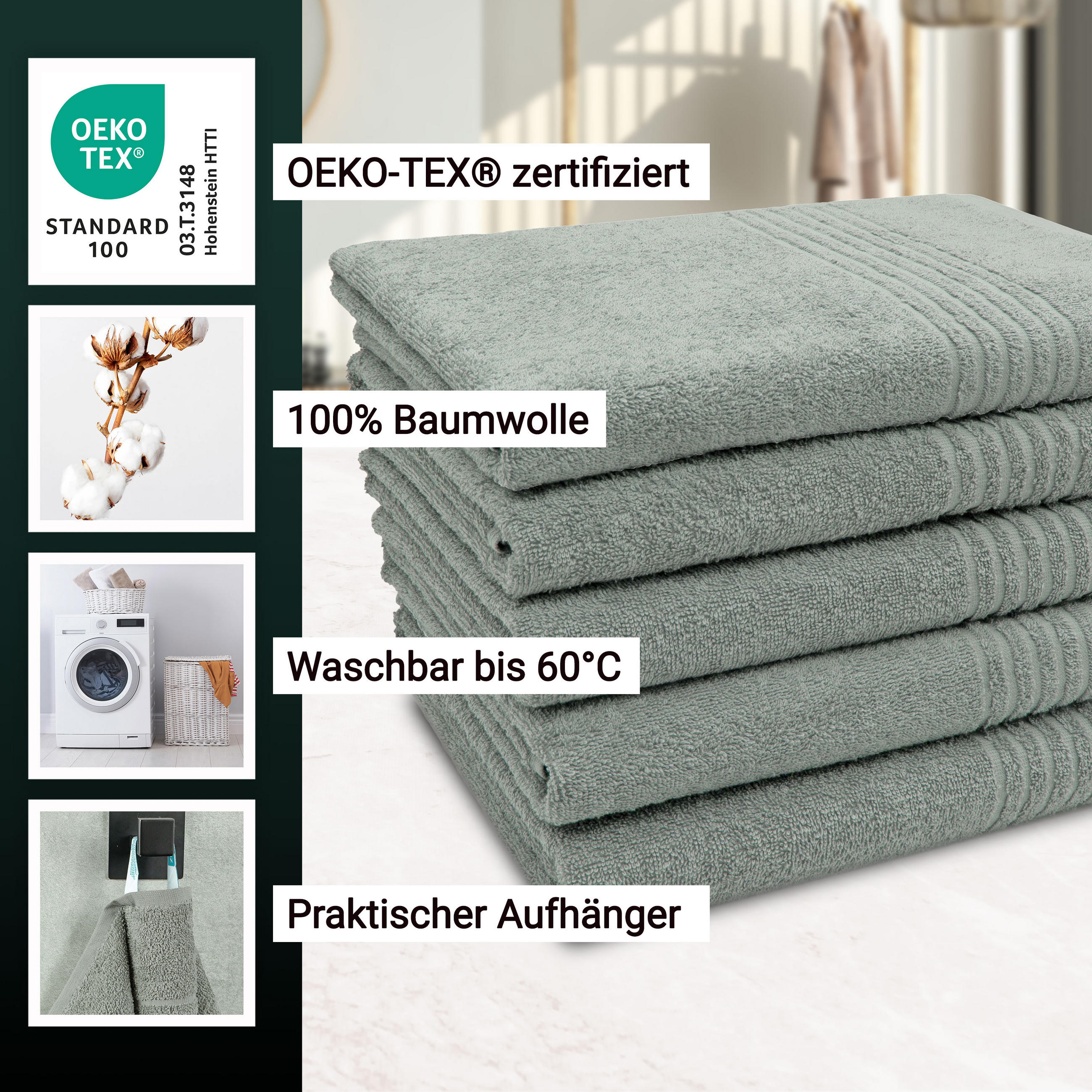 DUSCHTÜCHER, 5er-Set, 70x140 cm, 100% Baumwolle, Grau - Grau, Textil (70/140cm) - Zollner