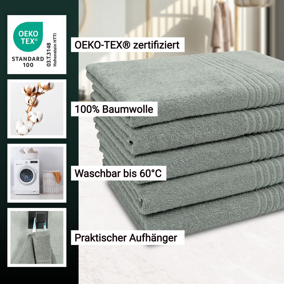 DUSCHTÜCHER, 5er-Set, 70x140 cm, 100% Baumwolle, Grau - Grau, Textil (70/140cm) - Zollner