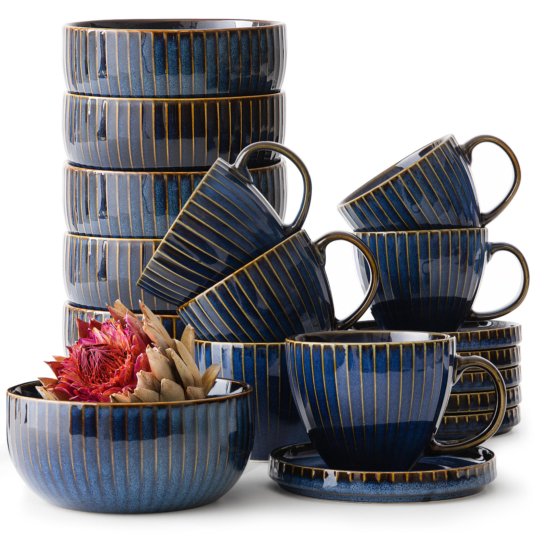 FRÜHSTÜCKS-SET AD STRIPES 6 PERSONEN, 18-tlg - Dunkelblau, Keramik (15/9/15cm) - KONSIMO®