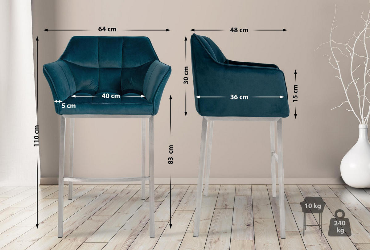 BARHOCKER 2er Set Samt Grün - Edelstahlfarben/Grün, Textil (64/110/48cm) - CLP