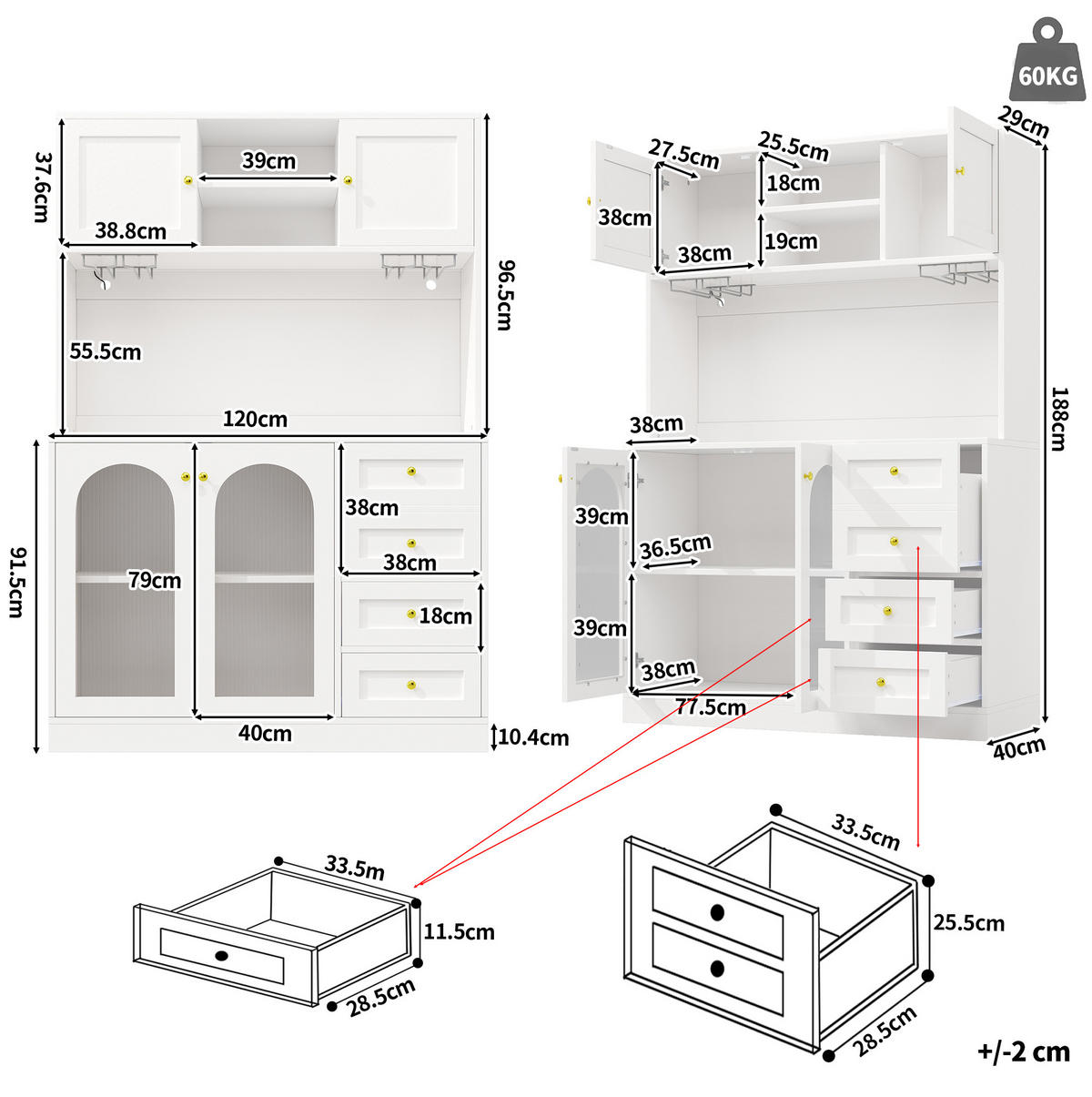 BUFFET 120/40/188 cm aus MDF mit App-gesteuerter LED-Lichtleiste Weiß - Weiß, Holzwerkstoff (120/188/40cm) - Modenvie