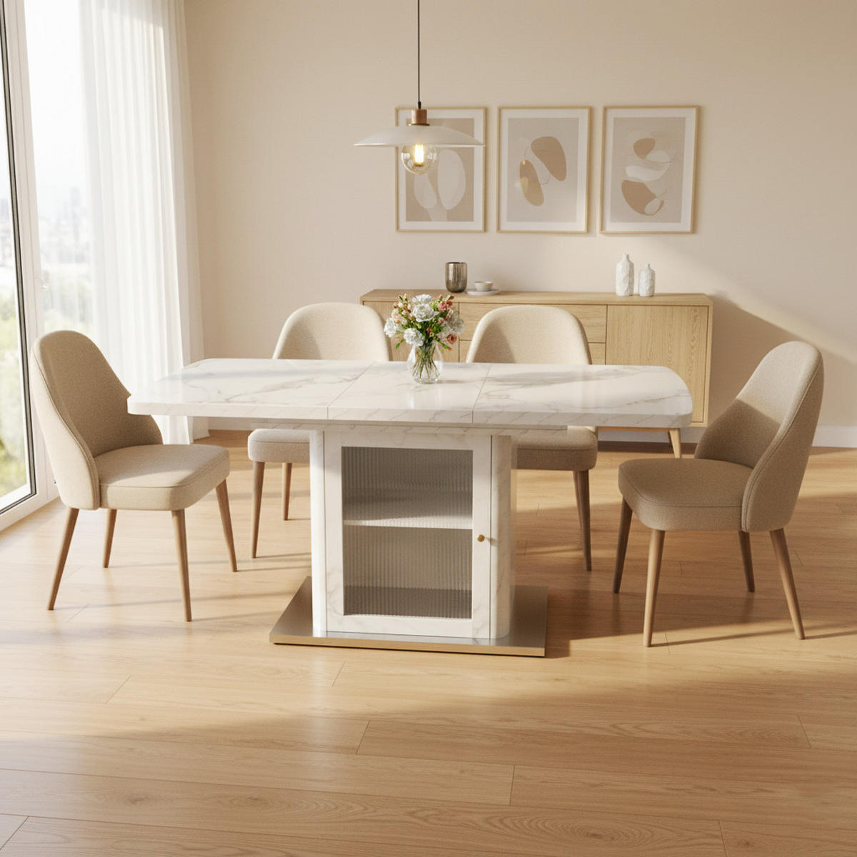 ESSTISCH Weiß Marmoroptik mit Ausziehfunktion & Stauraum-Sockel - Weiß, Glas/Holzwerkstoff (80/160/76cm) - Urban Meuble