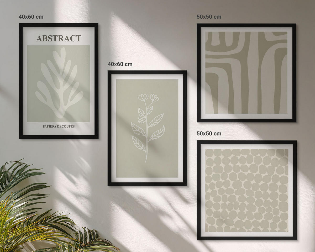 BILDER SET 4er Set - 50x50 cm & 40x60 cm Schwarzer Rahmen - Abstrakte Pflanzenmuster - Schwarz, Kunststoff (50/50cm) - TULUP