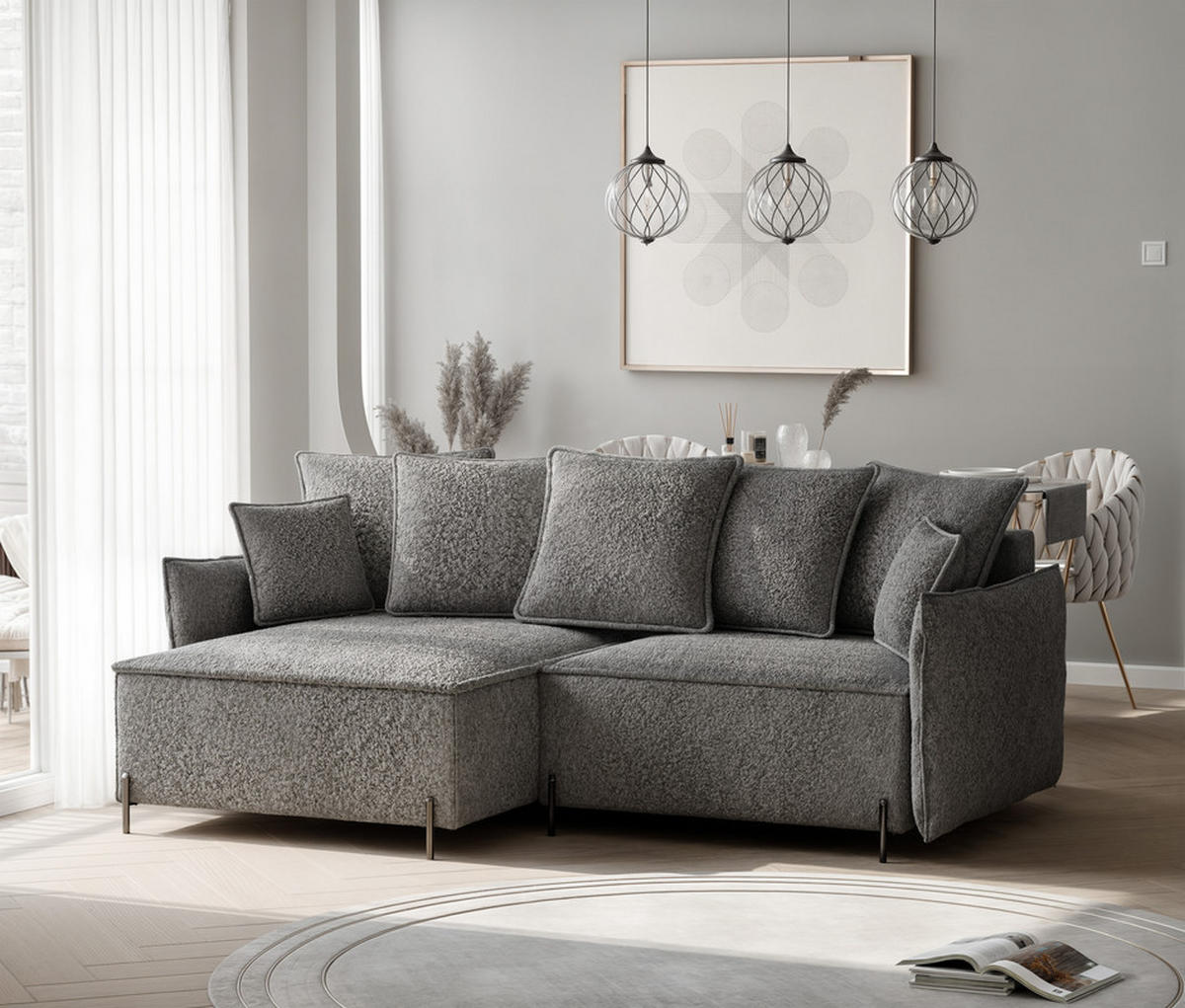 ECKSOFA MARCO Links, mit Schlaffunktion und Bettkasten, Dunkelgrau - Dunkelgrau, Textil/Metall (221/148cm) - Idohome