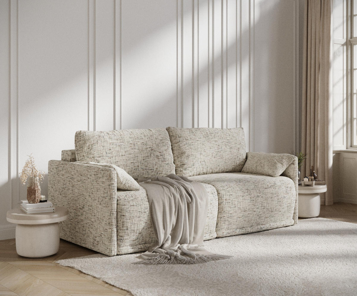 SCHLAFSOFA MIT ECKSOFA-FUNKTION Nappa Beige Webstoff - Beige/Schwarz, Holz/Holzwerkstoff (215/100/112cm) - Maison de Reve
