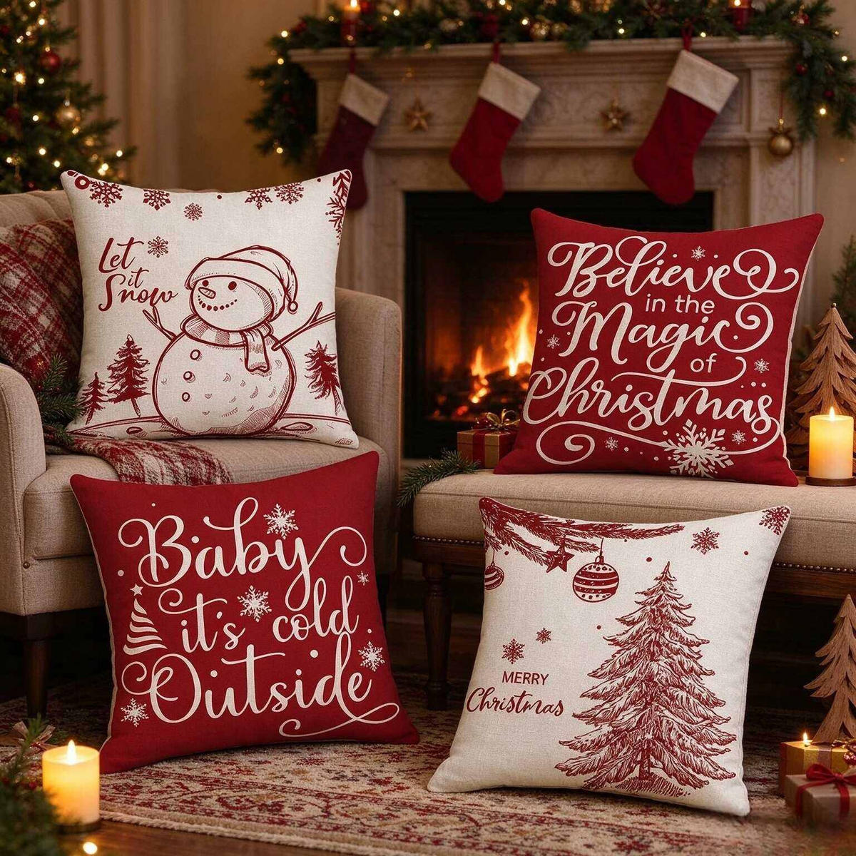 KISSENBEZUG – Weihnachtskissenbezug (Kissenfüllung nicht enthalten) – 45 x 45 cm – Multicolor(vier Stück) - Multicolor, Textil (45/45cm)