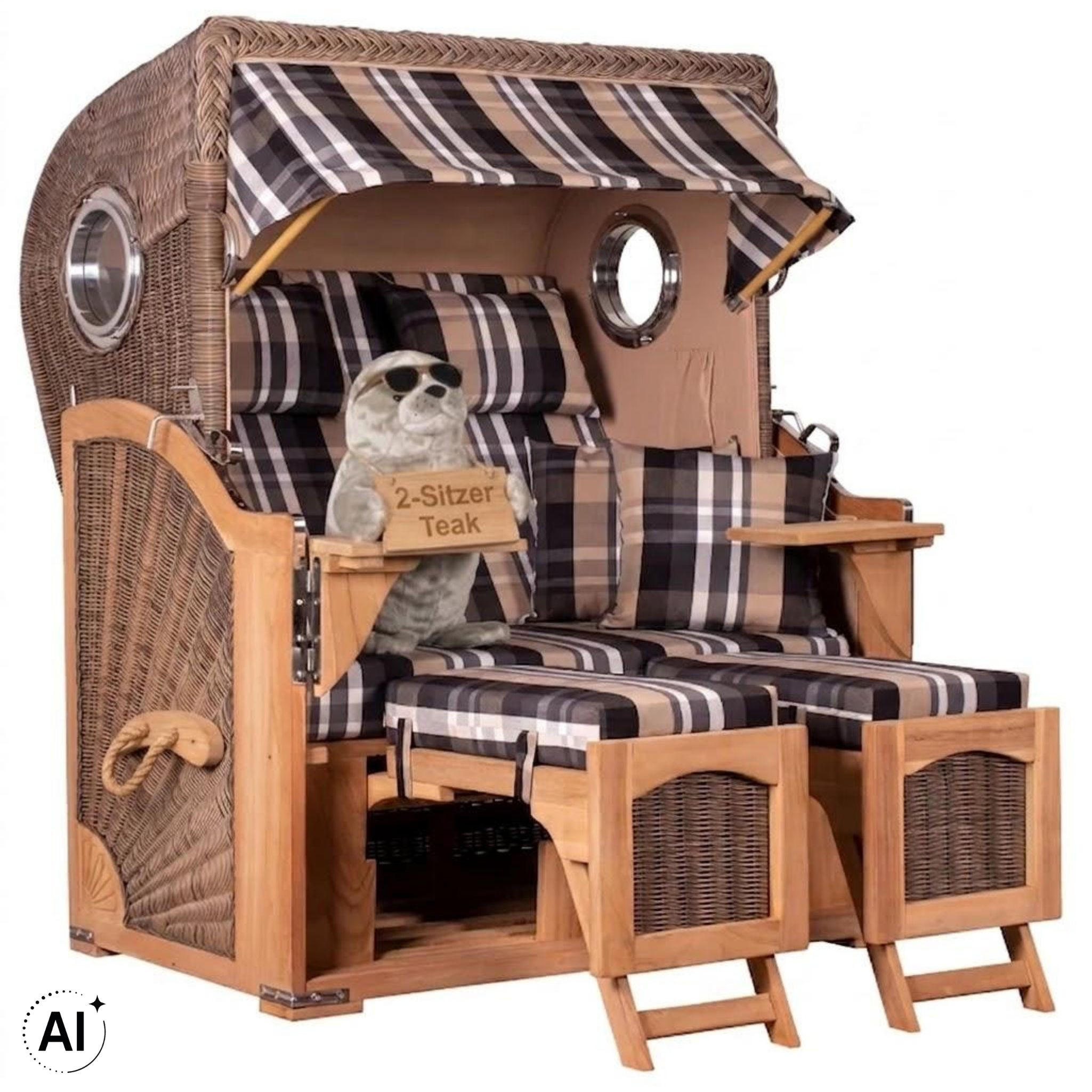 STRANDKORB Düne 2 Sitzer Teak PE Grey - Beige/Braun, Holz/Metall (125/170/80cm) - Mr. Deko