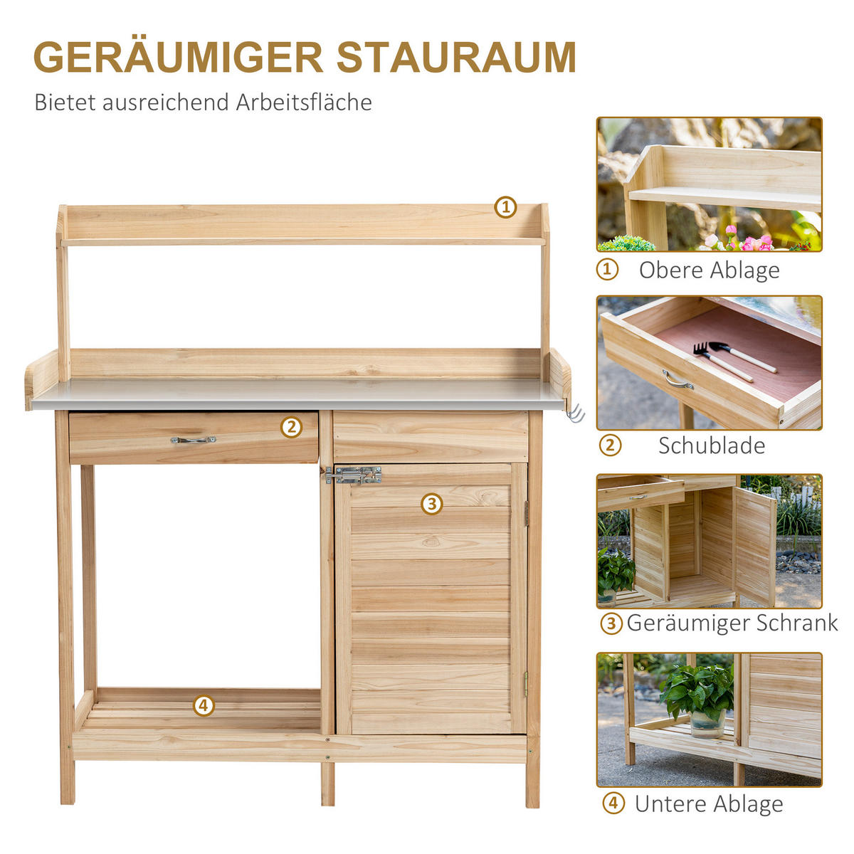 PFLANZTISCH mit verzinkter Arbeitsplatte Gärtnertisch mit Schublade Massivholz Natur - Fichtefarben, Holz/Metall (112/48/125cm) - Outsunny