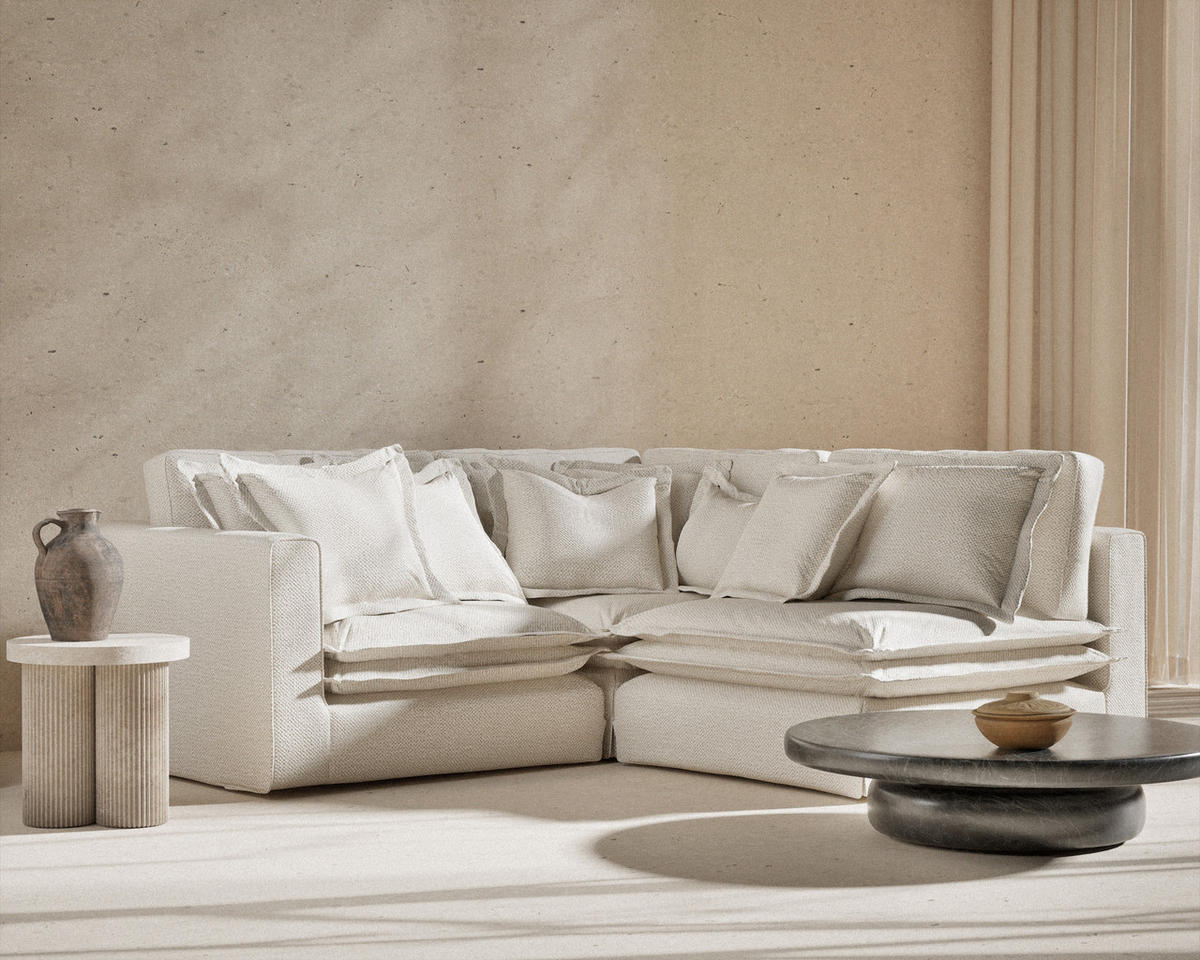 ECKSOFA Amalfi Creme Chenille-Stoff - Creme/Schwarz, Holz/Holzwerkstoff (238/222cm) - Maison de Reve