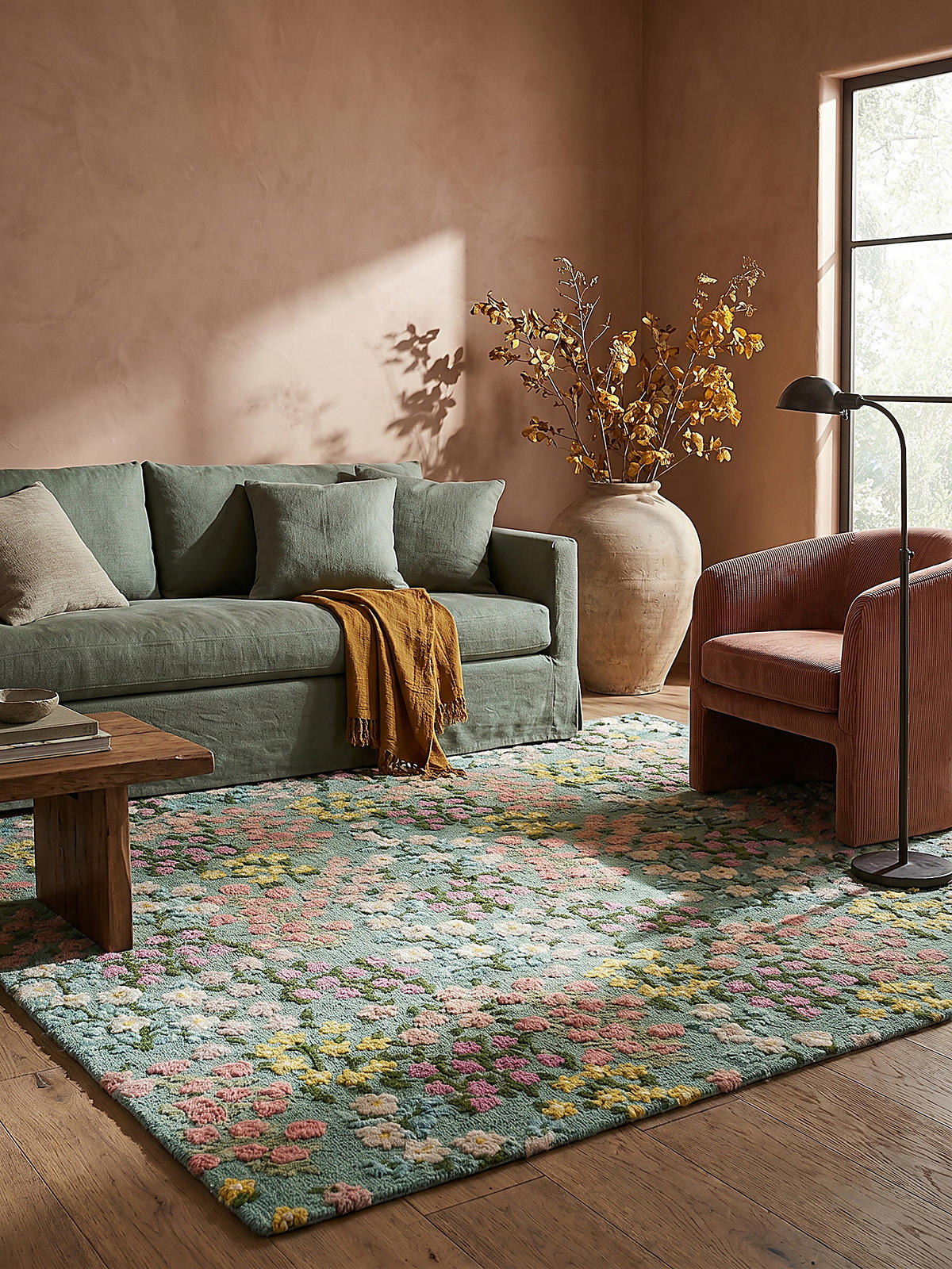 WOLLTEPPICH Floral Muster, Naturmotive, Schlafzimmer Multicolor-Grün Rechteckig 160x230 - Grün, Textil (230/160cm) - KADIMA DESIGN