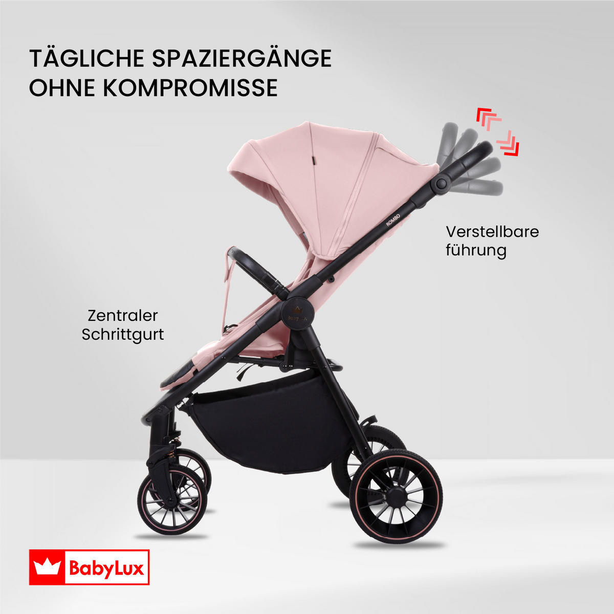BUGGY Rombo, Klein und Leicht, Teleskopische Führung, Kompakt Faltbar, Wickeltasche, Reisetasche - Schwarz/Rosa, Textil/Metall (58/98cm) - BabyLux