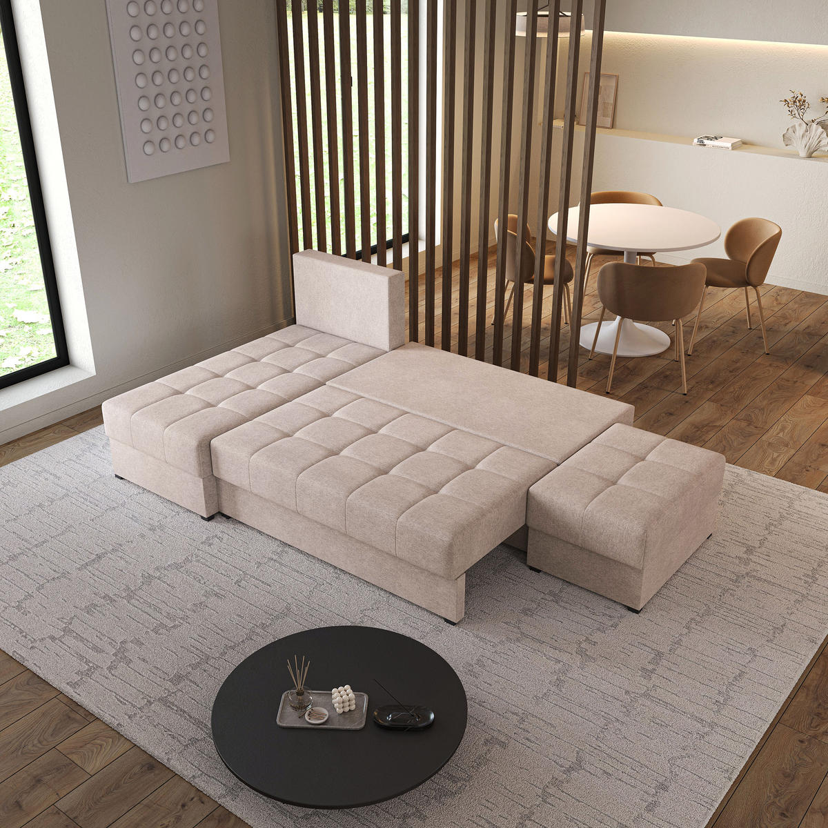 ECKSOFA NORVI Beige Geflochtener Stoff mit Schlaffunktion - Beige, Holz (251/143cm) - MASSENO