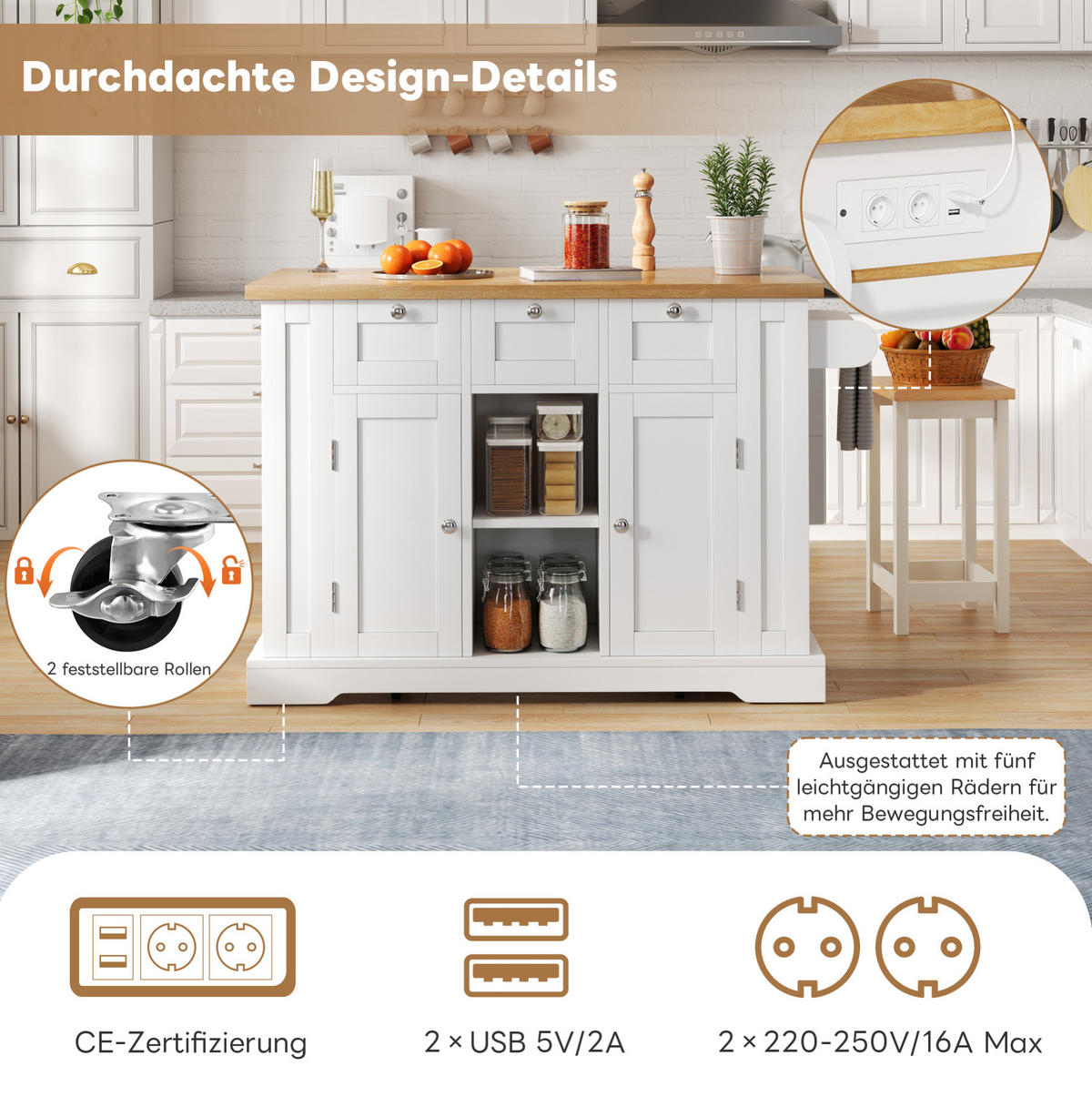 KÜCHENINSEL 132/40(70)/87 cm weiß/natur mit Steckdose - Weiß, Holzwerkstoff (132/87/70cm) - OKWISH
