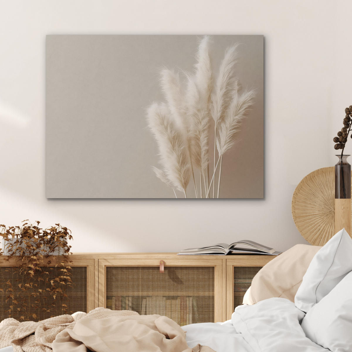 AKUSTIKPANEEL Pampasgras - Federn - Pastell - Weiß 80x60 cm - Naturfarben, Textil (80/0.9/60cm) - MuchoWow