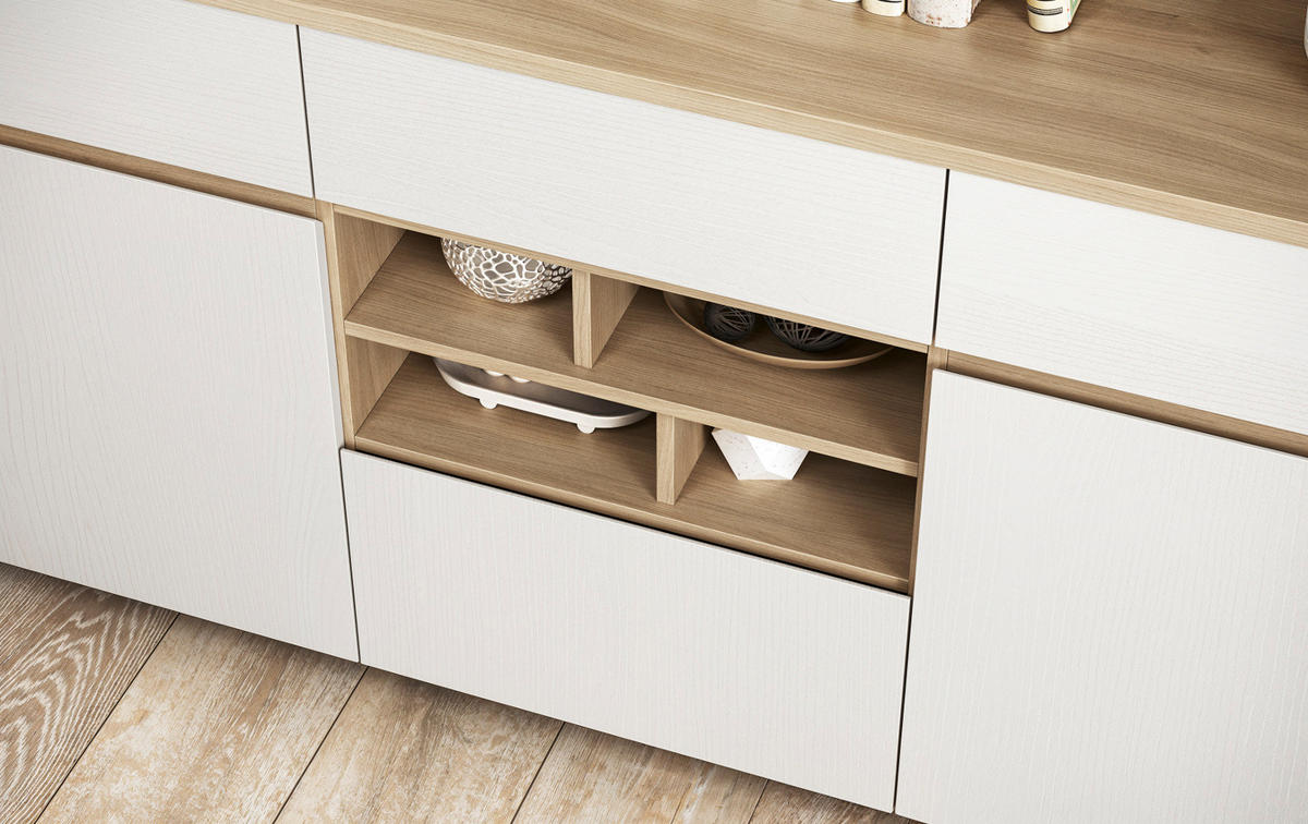 SIDEBOARD weiß, Eiche, Kommode skandinavisch 193 cm, Soft-Close, Finnes - Eichefarben/Weiß, Holzwerkstoff/Metall (193/85/39cm) - Furn.Design