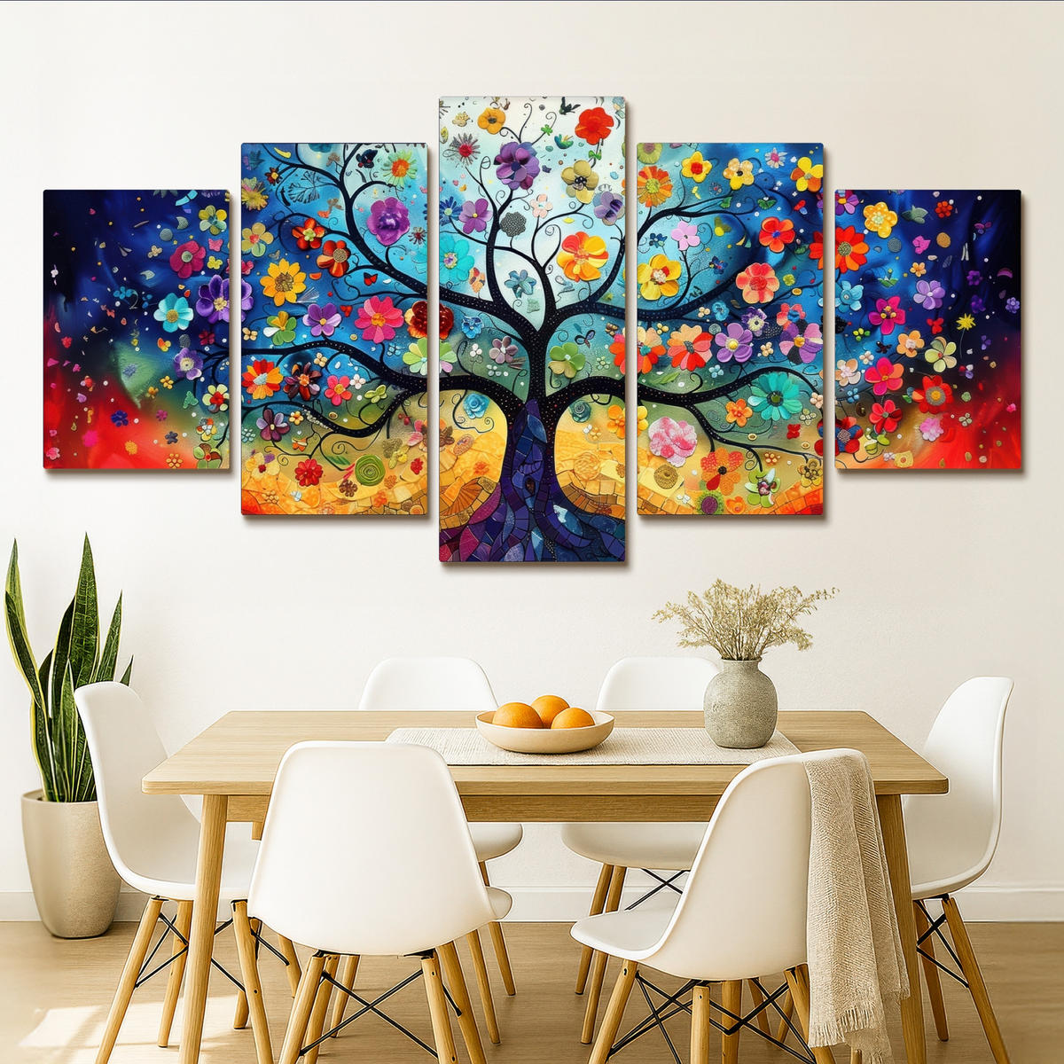 LEINWANDBILD 5er Set Bunt - Baum des Lebens - Blumen - Abstrakt 200x100 cm - Blau, Textil (200/100cm) - MuchoWow