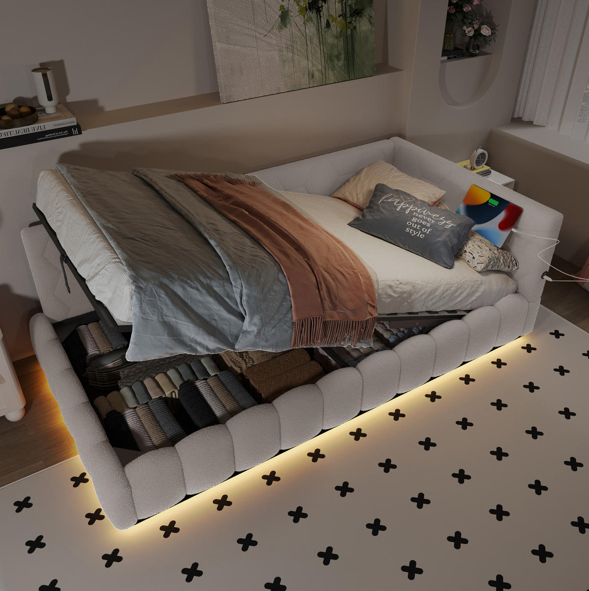 TAGESBETT 90/200 cm mit LED-Lichtleiste, USB, Typ-C und hydraulischem Bettkasten aus Vliesimitat, Weiß - Weiß, Textil (90/200cm) - Redom