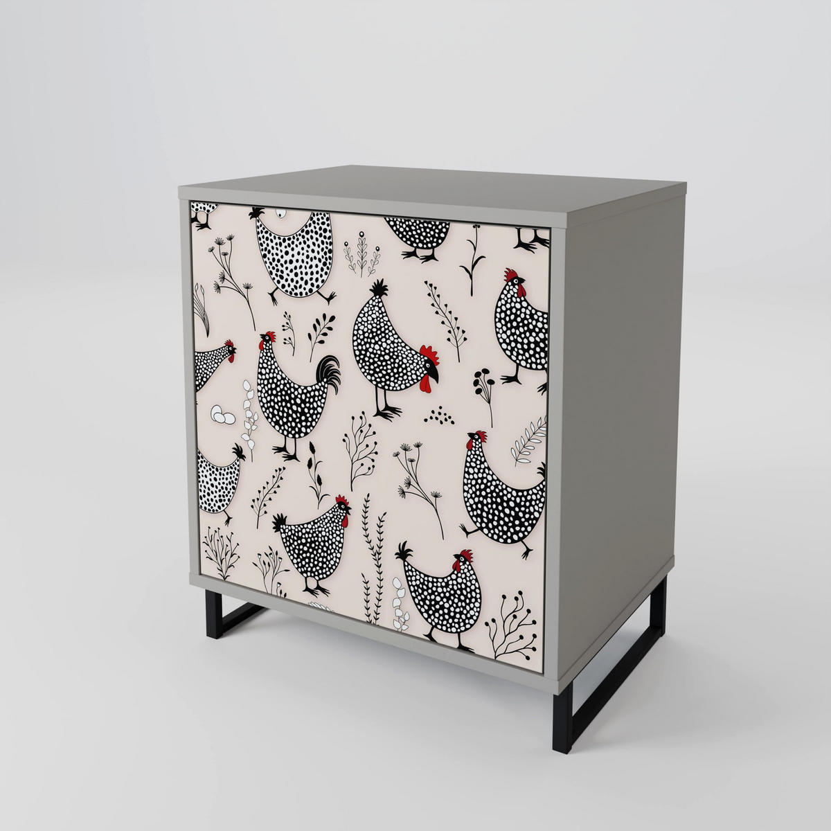 SIDEBOARD HAPPY HENS, Grau, 57,5x42x77,5 cm, Schräge Buchenholzfüße - Buchefarben/Multicolor, Holzwerkstoff/Buchenholz (57.5/77.5/42cm) - SpaceRebels