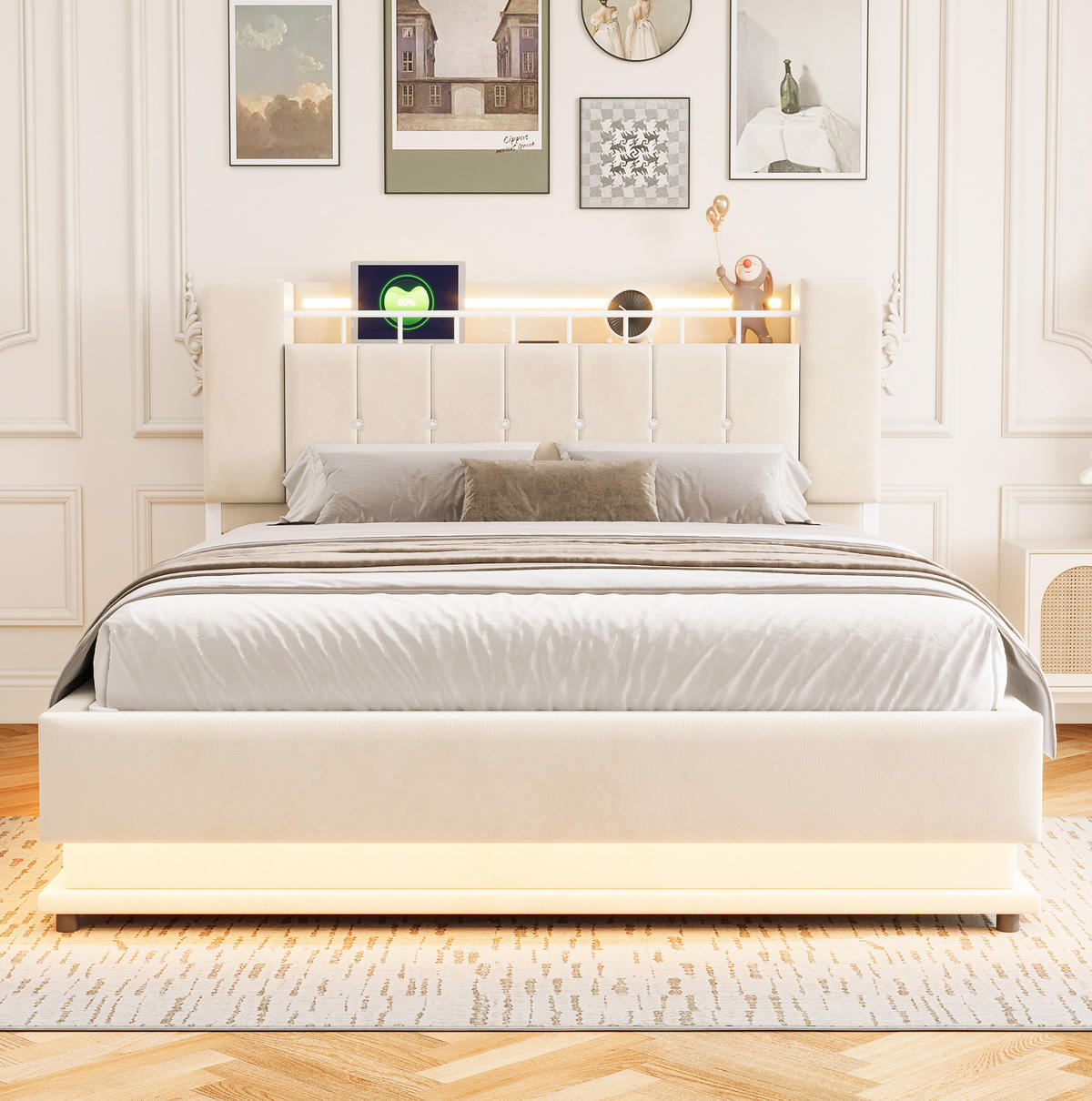 POLSTERBETT 160/200 cm Beige mit LED-Beleuchtung, USB und Stauraum - Beige, Textil (160/200cm) - Flora Grace