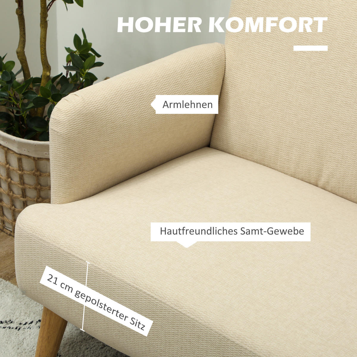 SOFA, 2 Sitzer , 130 x 74 x 79 cm, Cremeweiß - Weiß, Textil (130/79/74cm) - HOMCOM