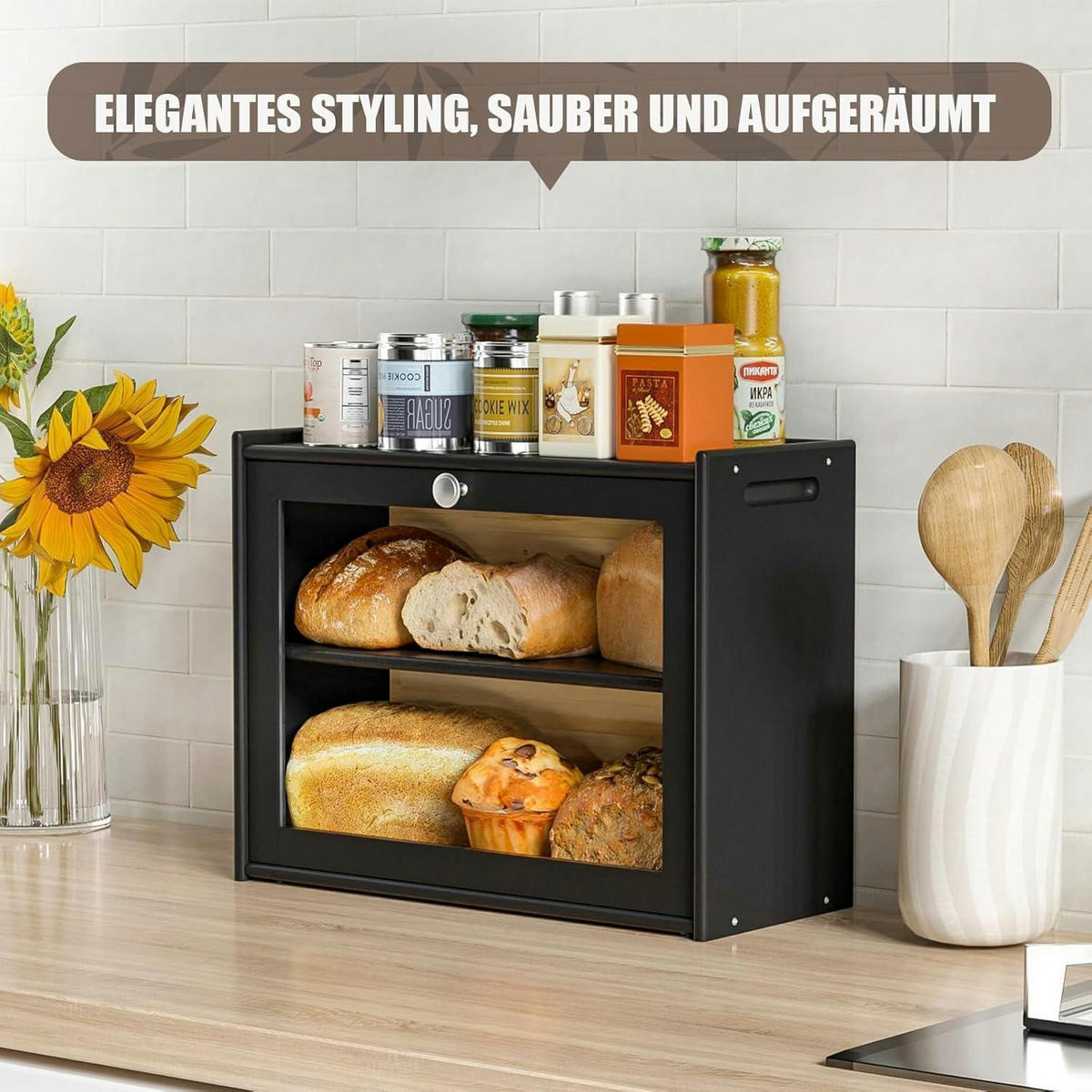 BROTKASTEN Bambus mit 2 Regalen und Sichtfenster 40 cm - Schwarz, Naturmaterialien (17.5/31/40cm)
