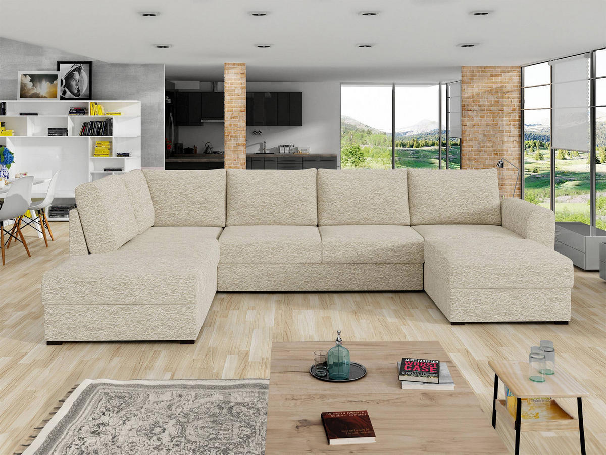 WOHNLANDSCHAFT Wilma Premium, Seite: Links - Schwarz/Naturfarben, Holz/Textil (305/85/188cm) - MIRJAN24