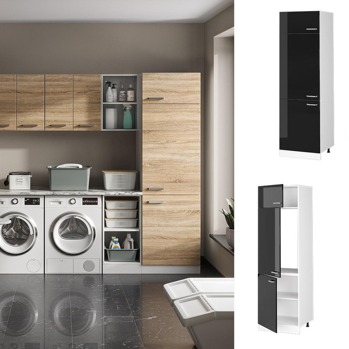 UNIVERZÁLNÍ SPÍŽNÍ SKŘÍŇKA R-Line Černý vysoký lesk - bílá/vysoce lesklá černá, kompozitní dřevo (60/207/57.2cm) - Vicco