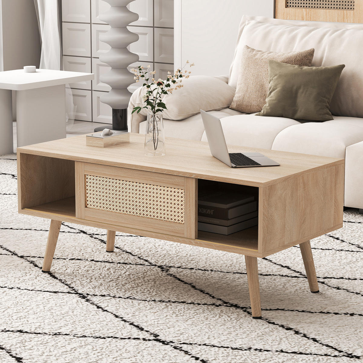 COUCHTISCH mit Rattan-Schiebetür & Holzbeinen, Naturoptik, Einheitsgröße / Holzwerkstoff + Rattan - Naturfarben, Holzwerkstoff (105/55/40cm) - EVRYAE