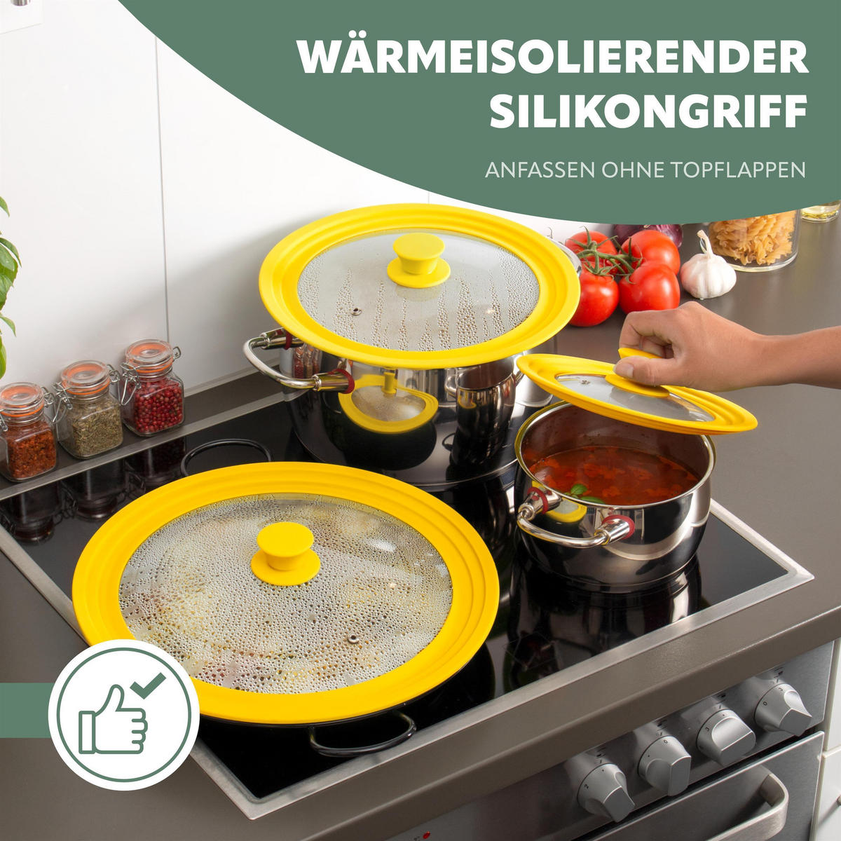 UNIVERSAL-GLASDECKEL, 24/26/28 cm,tel, gelb - Gelb, Glas (29.5/29.5/5.5cm) - bremermann