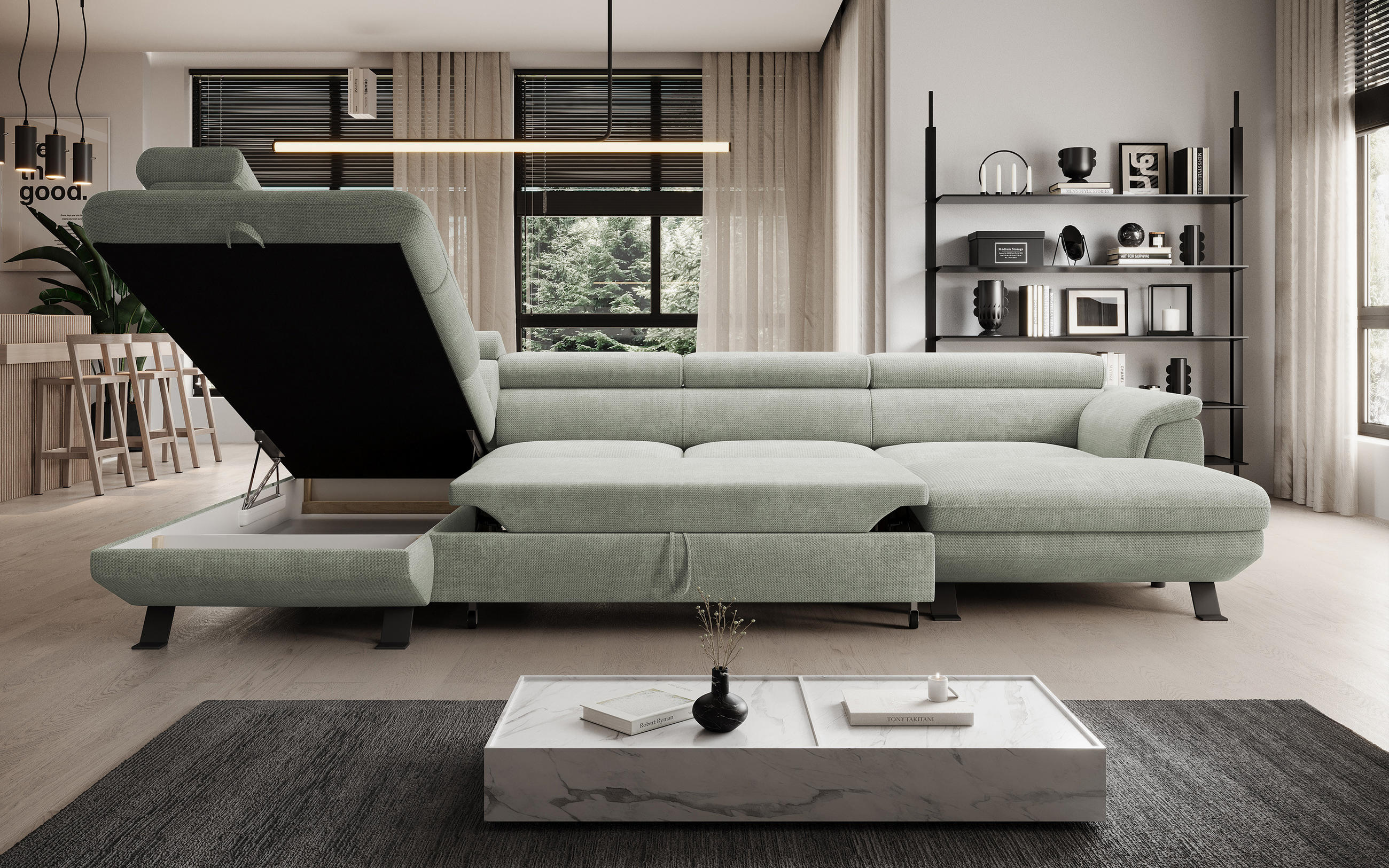 ECKSCHLAFSOFA Raven XL, Verstellbaren Kopfstützen, Bettkasten, Großes Sofa 334x198x162cm Linke, Sand - Sandfarben, Holz/Textil (198/334cm) - DomoHome