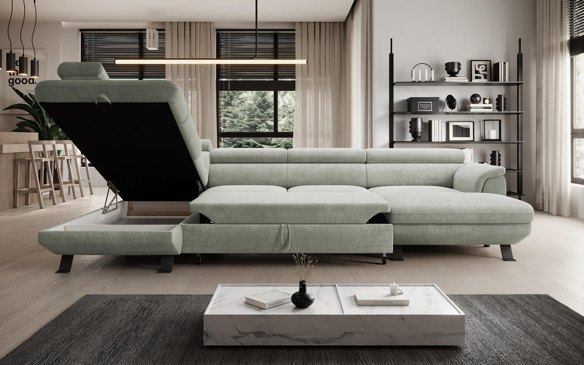 ECKSCHLAFSOFA Raven XL, Verstellbaren Kopfstützen, Bettkasten, Großes Sofa 334x198x162cm Linke, Sand - Sandfarben, Holz/Textil (198/334cm) - DomoHome
