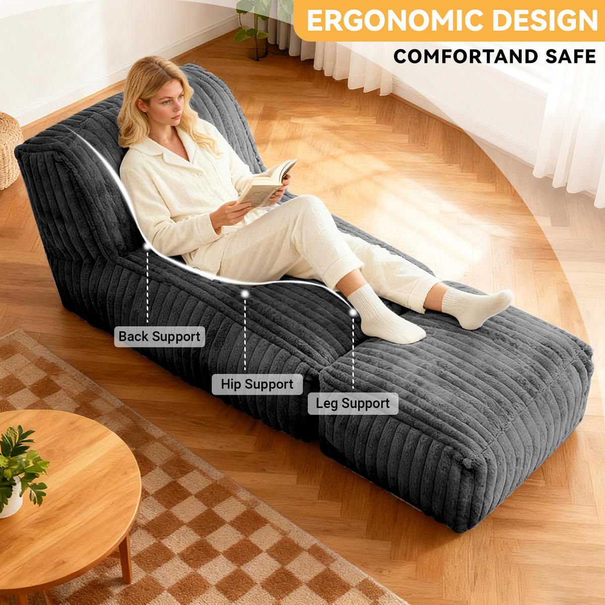 FÅTÖLJ MED PALL i manchester modulär och ergonomiskt stoppad - Mörkgrå, Textil (160/66/80cm) - Urban Meuble