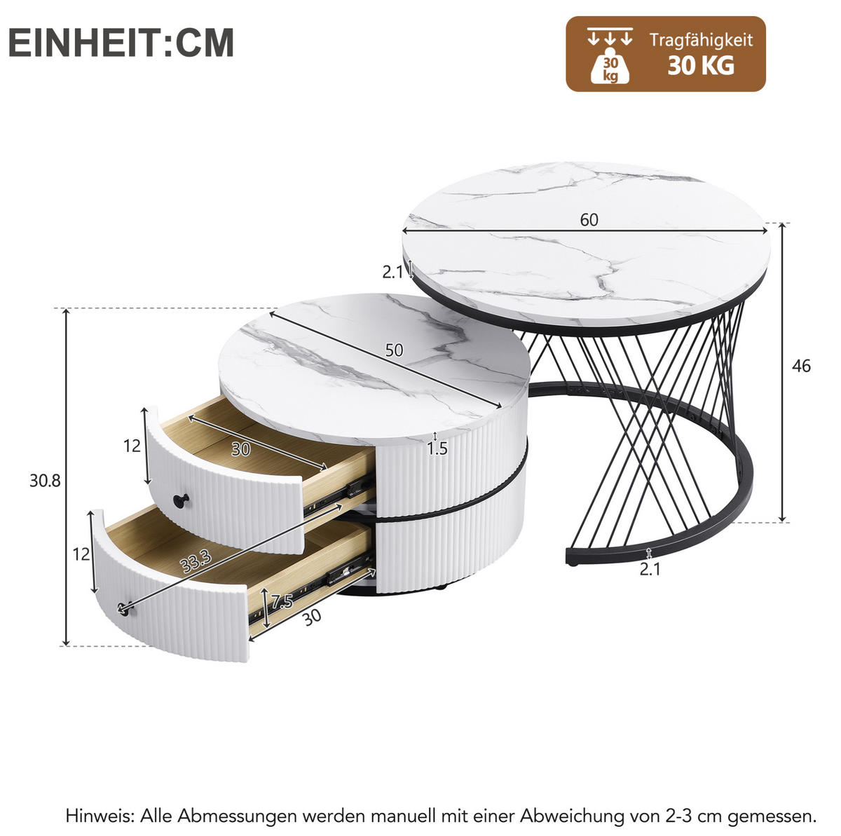 COUCHTISCH Set 60/60/46 cm und 50/50/31 cm Weiß mit hochglänzender Marmoroptik - Schwarz/Weiß, Holzwerkstoff (60/60/46cm) - OKWISH