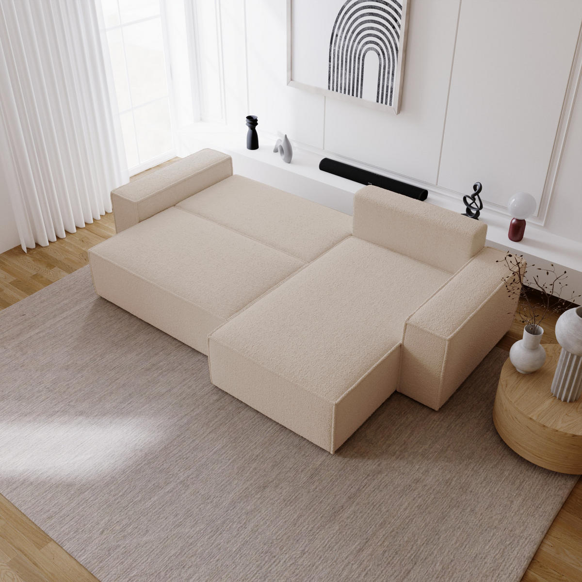 ECKSOFA Bouclé 280 cm Bergamo L mit Bettkasten, Schlaffunktion, Rechts - Beige - Beige, Holz (189/277cm) - Emporius