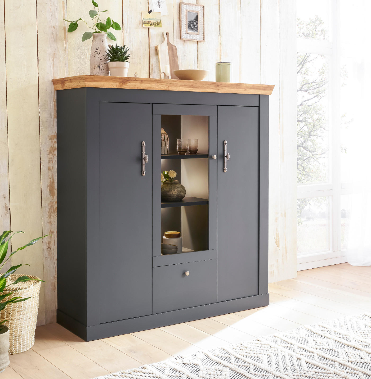 HIGHBOARD grau, Eiche Wotan, Landhaus 141 cm, Vitrine mit Soft-Close - Silberfarben/Eiche Wotan, Glas/Holzwerkstoff (141/146/45cm) - Furn.Design