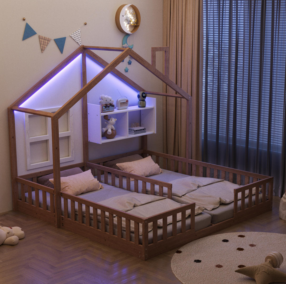 KINDERBETT 90/200 cm mit LED-Beleuchtung, Hausdesign, Sicherheitsgittern und Ablagefächern, Natur Holzwerkstoff - Naturfarben, Holzwerkstoff (90/200cm) - Redom