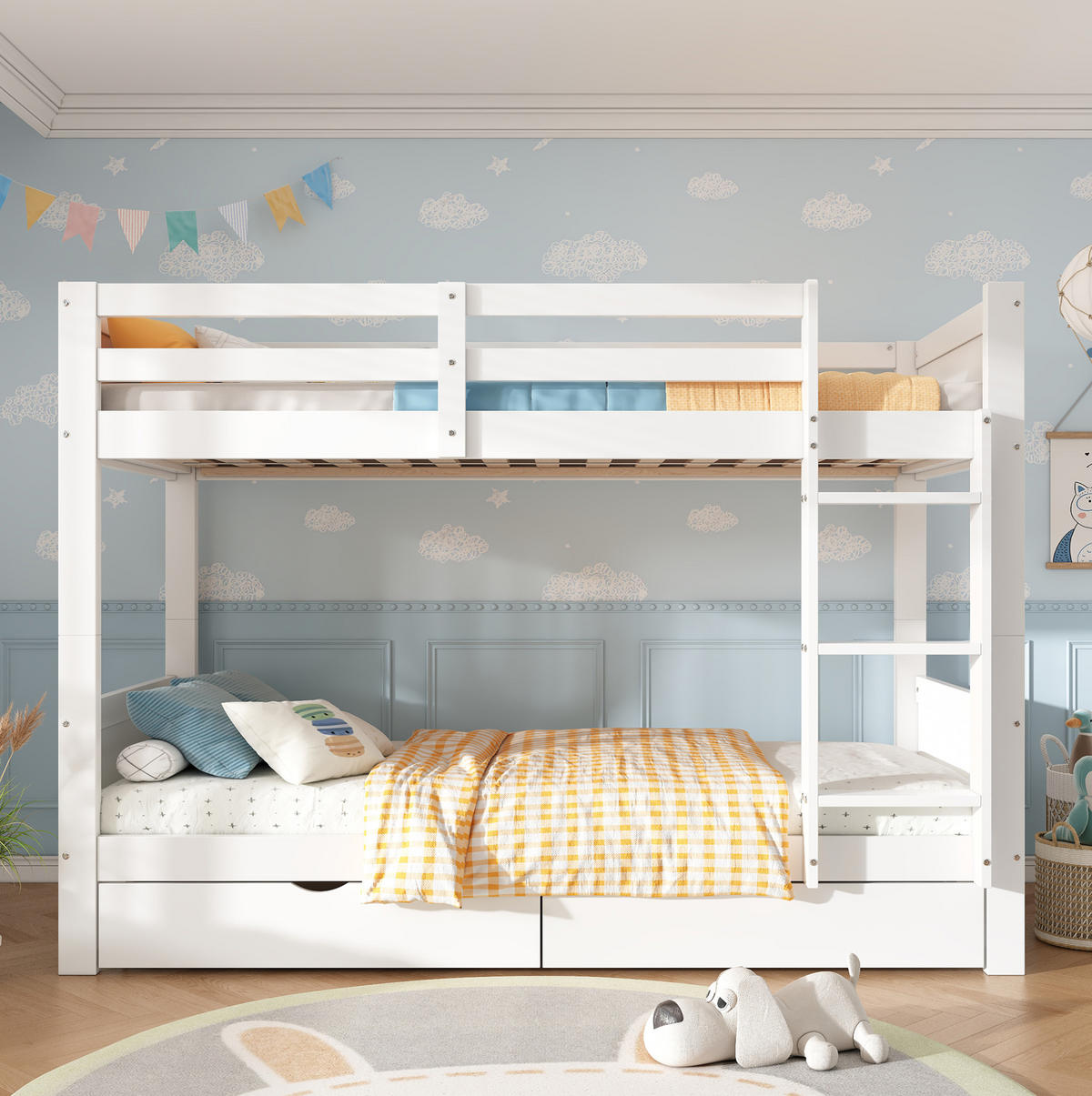 ETAGENBETT aus Holz 90x200 cm Weiß mit 2 Schubladen, Leiter und teilbar in 2 Einzelbetten - Weiß, Holz (90/200cm) - Modfu