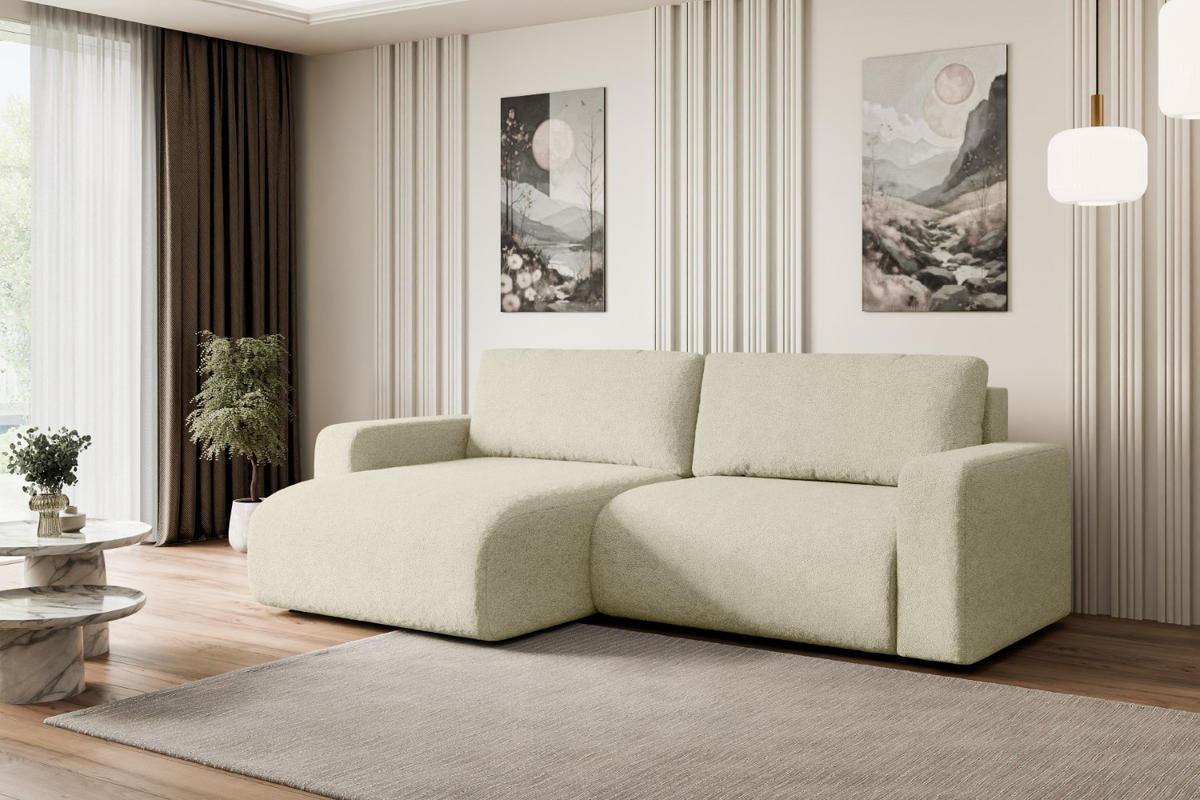 ECKSOFA mit Schlaffunktion und Bettkasten KLEEA-L - 247x143x83 cm Beige Bouclé - Beige/Schwarz, Holzwerkstoff/Kunststoff (247/143cm) - ALTDECOR