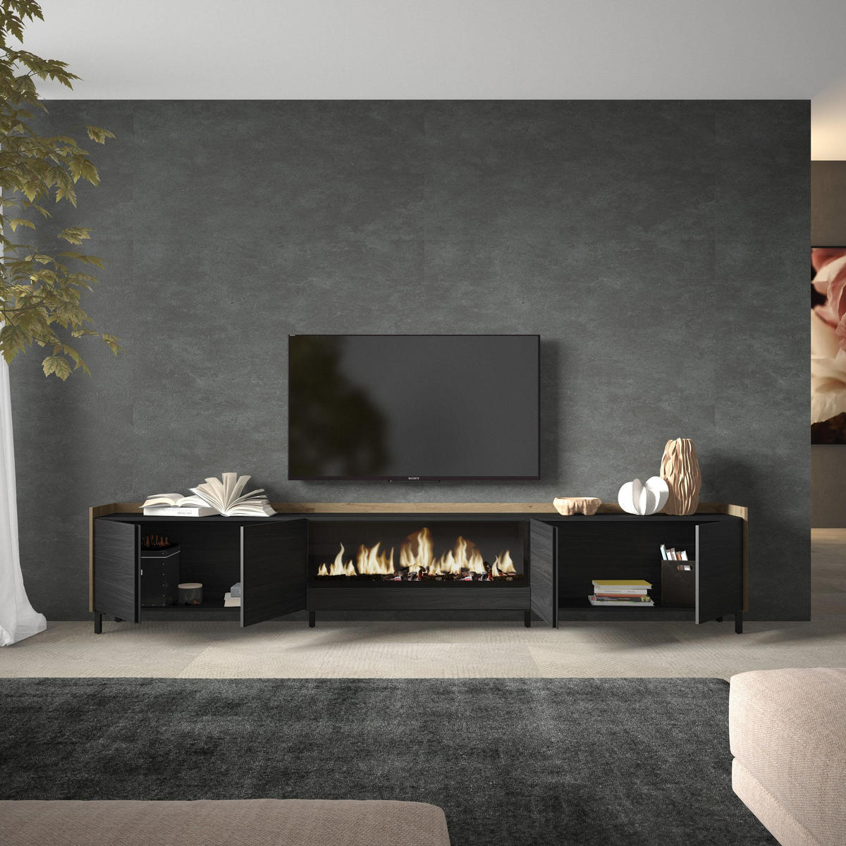 LOWBOARD, Schwarz und Eiche, 315/35/61cm, Kamin mit Feuereffekt XXL - Schwarz, Holzwerkstoff (315/61/35cm) - Skraut Home