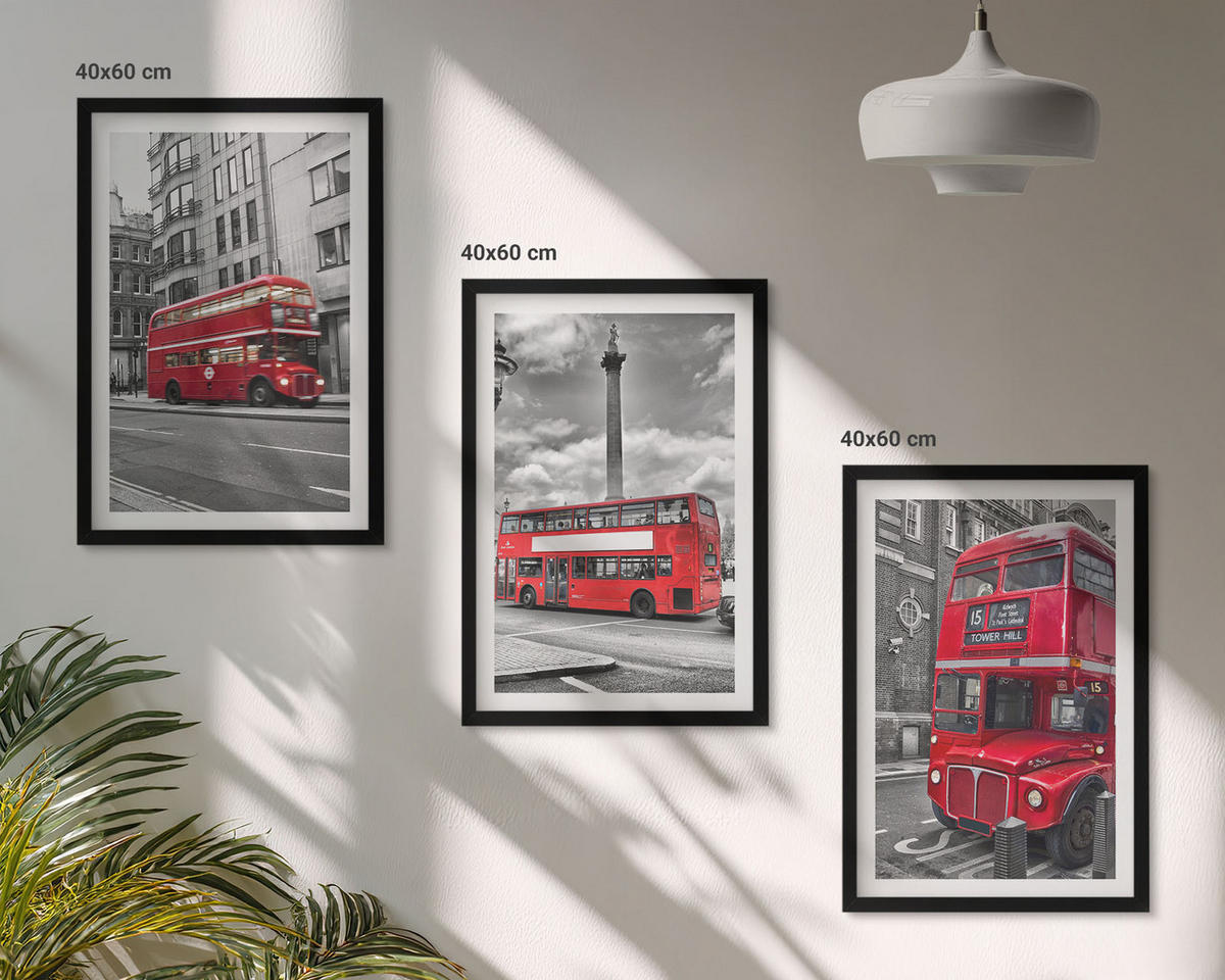 WANDBILDER 3er-Set - 40x60 cm Schwarzer Rahmen - Rote Busse in London - Schwarz, Kunststoff (40/60cm) - ArtPrintCave