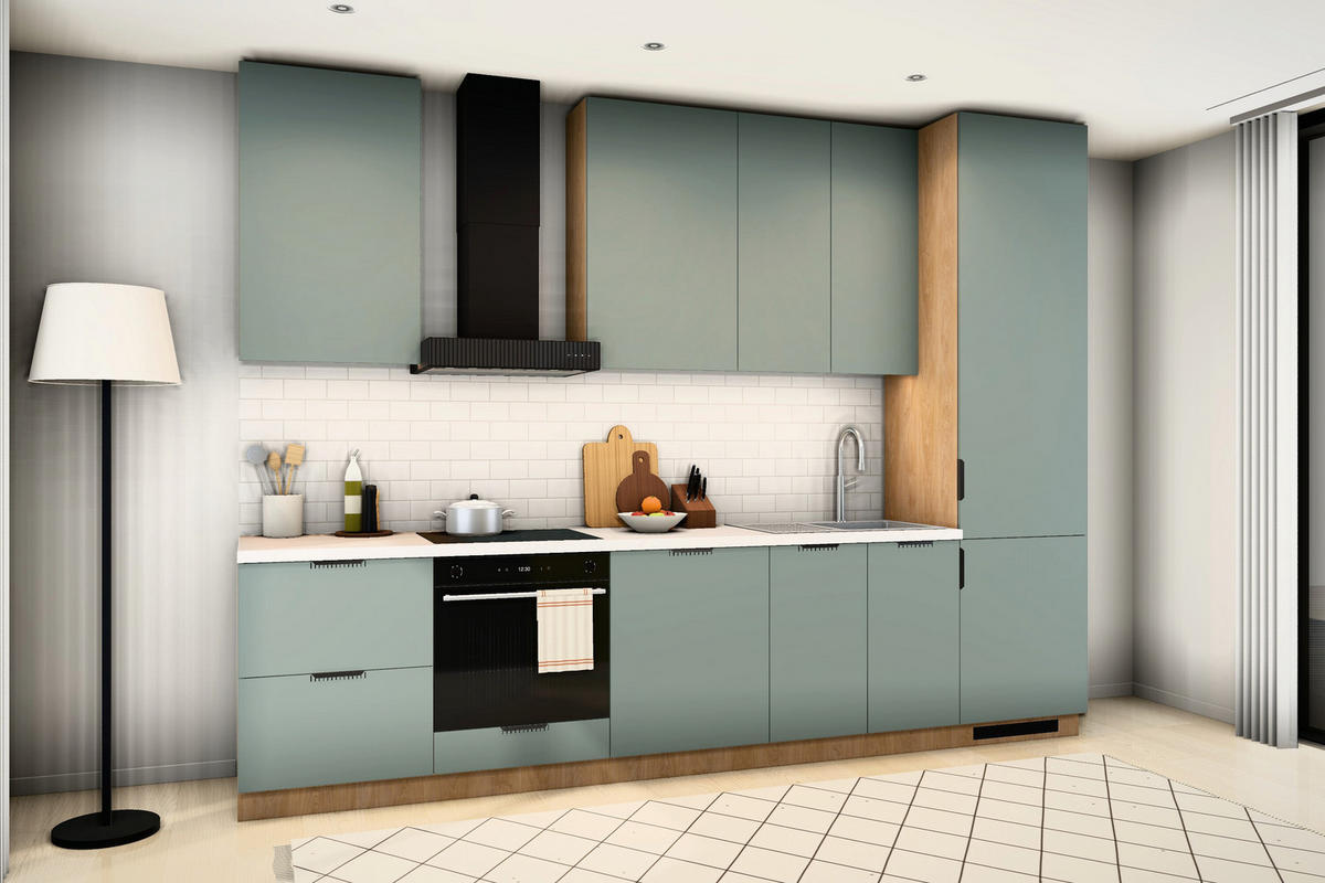 KÜCHENZEILE Sorento Grün & Sonoma Eiche – 320 cm – KÜ-SORENTO3-001 - Grün, Holzwerkstoff (320/247/58cm) - ROYAL24_MARKT