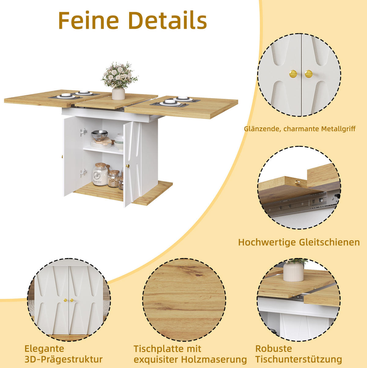 ESSTISCH aus MDF und Metall 110x70x76,5 cm Weiß mit Ausziehfunktion und integriertem Stauraum - Weiß, Holzwerkstoff (110/70/76.5cm) - Modfu